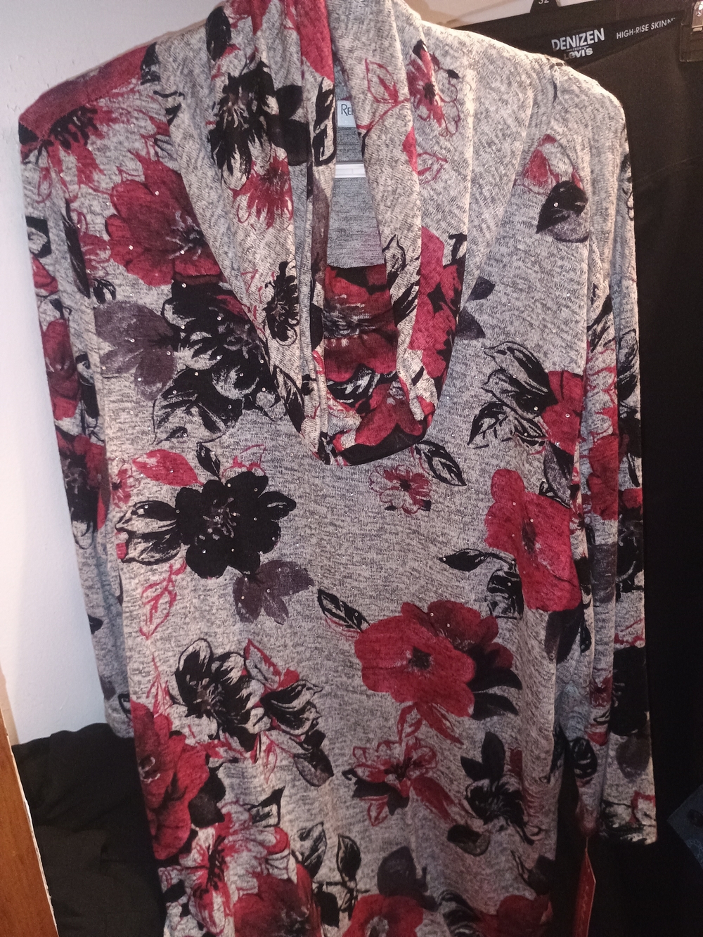Rebecca Malone Grey Floral Cowl Neck Tunic with Red & Black Flowers